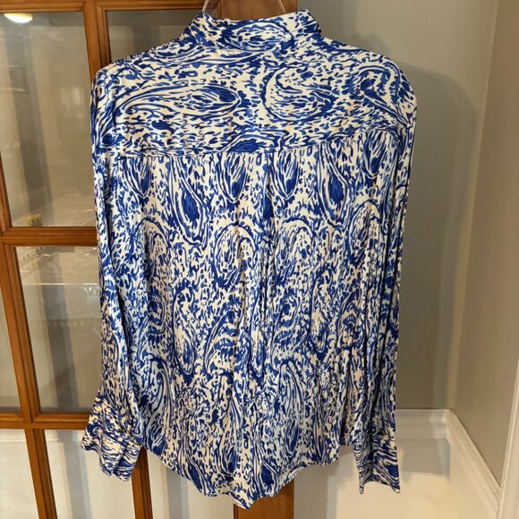 Zara Womens Satin Effect Blue/White Paisley Printed collared Blouse SZ: XL - Picture 6 of 12